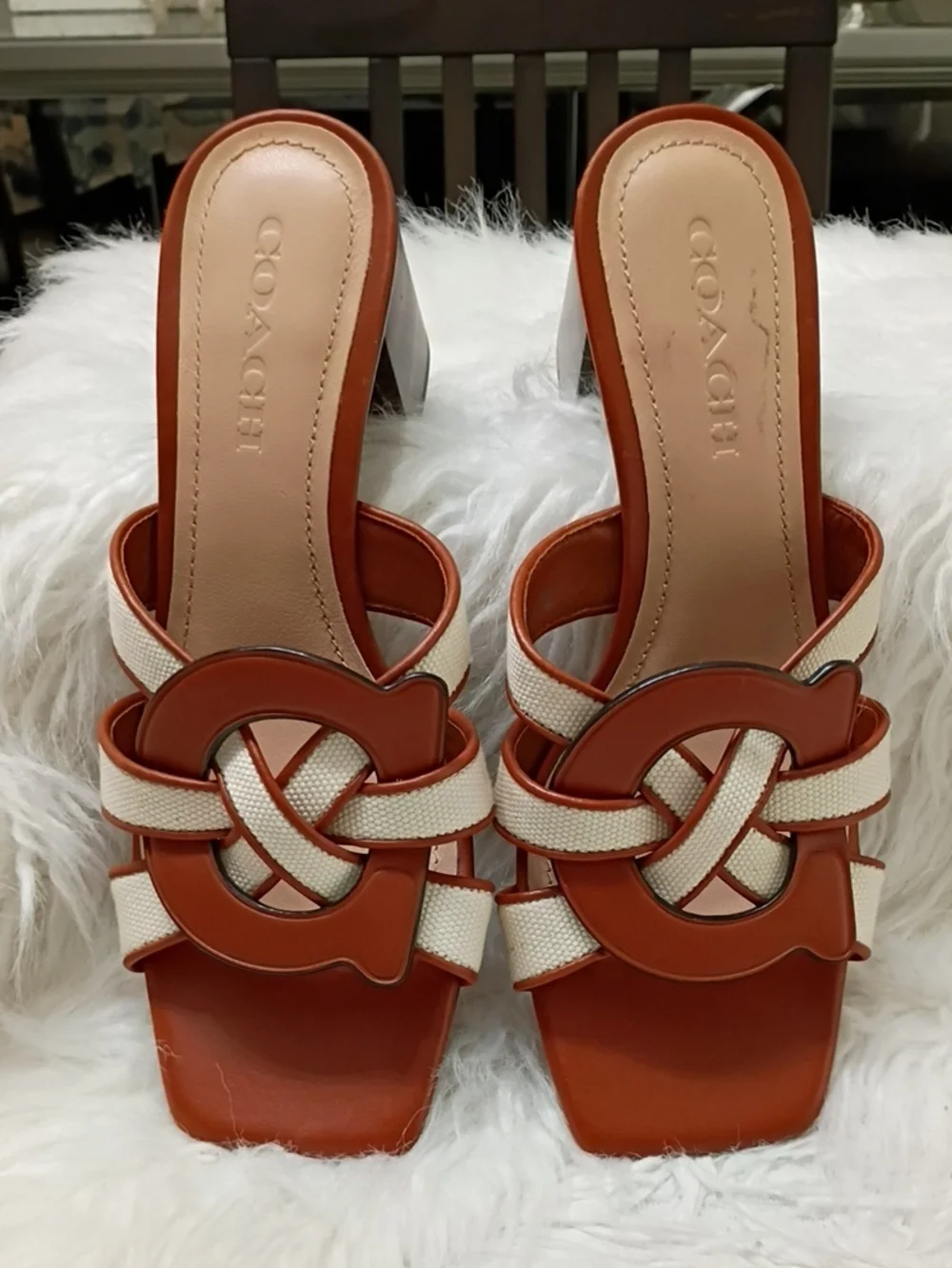 Coach Brown & Cream Braided Leather Block Heel Mule Size 8.5
